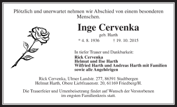 Traueranzeige von Inge Cervenka von Wetterauer Zeitung, Wetterauer Zeitung