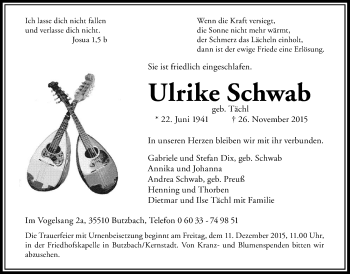 Traueranzeige von Ulrike Schwab von Wetterauer Zeitung, Wetterauer Zeitung