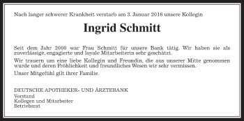 Traueranzeige von Ingrid Schmitt von Wetterauer Zeitung, Wetterauer Zeitung