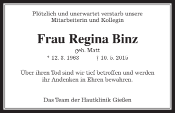 Traueranzeige von Regina Binz von Gießener Allgemeine, Alsfelder Allgemeine