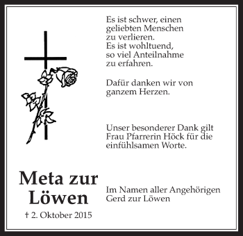 Traueranzeige von Meta zur Löwen von Wetterauer Zeitung, Wetterauer Zeitung