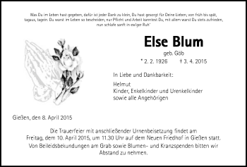 Traueranzeige von Else Blum von Gießener Allgemeine, Alsfelder Allgemeine
