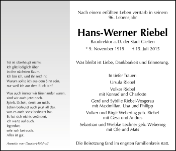Traueranzeige von Hans-Werner Riebel von Gießener Allgemeine, Alsfelder Allgemeine