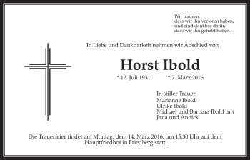 Traueranzeige von Horst Ibold von Wetterauer Zeitung, Wetterauer Zeitung