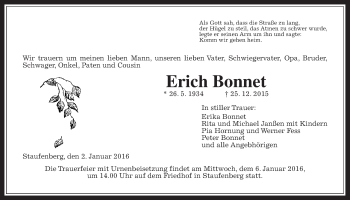 Traueranzeige von Erich Bonnet von Gießener Allgemeine, Alsfelder Allgemeine