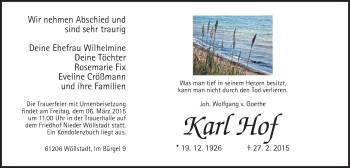 Traueranzeige von Karl Hof von Wetterauer Zeitung, Wetterauer Zeitung