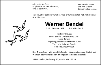 Traueranzeige von Werner Bendel von Gießener Allgemeine, Alsfelder Allgemeine, Wetterauer Zeitung, Wetterauer Zeitung