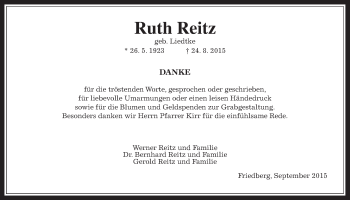 Traueranzeige von Ruth Reitz von Wetterauer Zeitung, Wetterauer Zeitung