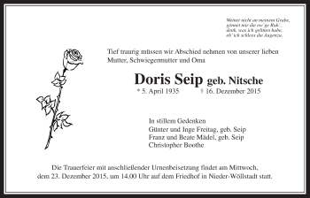 Traueranzeige von Doris Seip von Wetterauer Zeitung, Wetterauer Zeitung