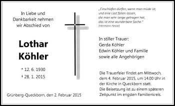 Traueranzeige von Lothar Köhler von Gießener Allgemeine, Alsfelder Allgemeine