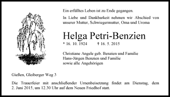 Traueranzeige von Helga Petri-Benzien von Gießener Allgemeine, Alsfelder Allgemeine