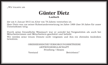 Traueranzeige von Günter Dietz von Giessener Allgemeine, Alsfelder Allgemeine