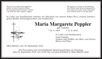 Traueranzeige von Maria Margareta Peppler von Wetterauer Zeitung, Wetterauer Zeitung