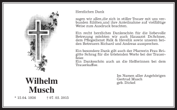 Traueranzeige von Wilhelm Musch von Alsfelder Allgemeine