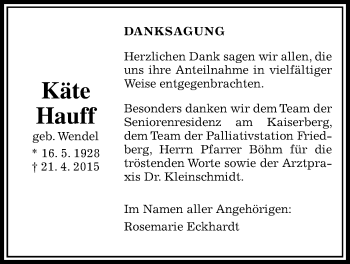 Traueranzeige von Käte Hauff von Wetterauer Zeitung, Wetterauer Zeitung