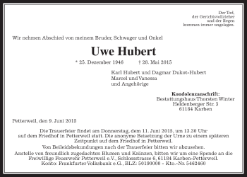 Traueranzeige von Uwe Hubert von Wetterauer Zeitung, Wetterauer Zeitung