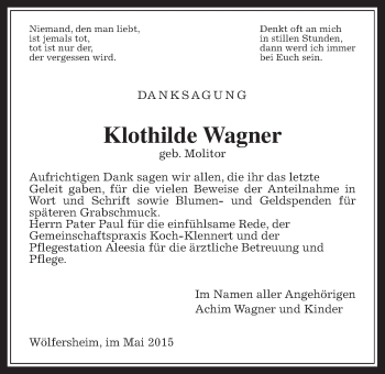 Traueranzeige von Klothilde Wagner von Wetterauer Zeitung, Wetterauer Zeitung