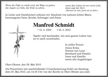 Traueranzeige von Manfred Schmidt von Alsfelder Allgemeine