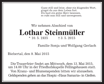Traueranzeige von Lothar Steinmüller von Gießener Allgemeine, Alsfelder Allgemeine
