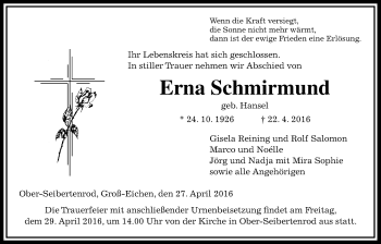Traueranzeige von Erna Schmirmund von Alsfelder Allgemeine