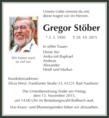 Traueranzeige von Gregor Stöber von Wetterauer Zeitung, Wetterauer Zeitung