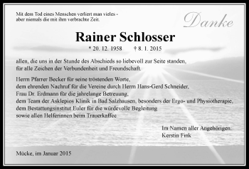Traueranzeige von Rainer Schlosser von Gießener Allgemeine, Alsfelder Allgemeine