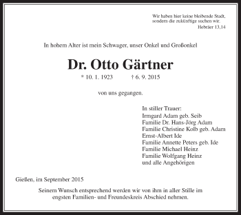 Traueranzeige von Otto Gärtner von Gießener Allgemeine, Alsfelder Allgemeine