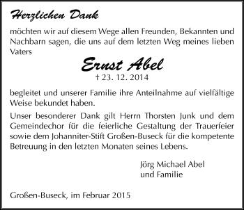 Traueranzeige von Ernst Abel von Gießener Allgemeine, Alsfelder Allgemeine