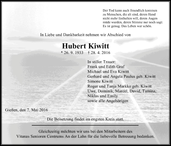 Traueranzeige von Hubert Kiwitt von Gießener Allgemeine, Alsfelder Allgemeine