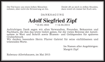 Traueranzeige von Adolf Siegfried Zipf von Gießener Allgemeine, Alsfelder Allgemeine