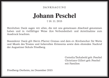 Traueranzeige von Johann Peschel von Wetterauer Zeitung, Wetterauer Zeitung