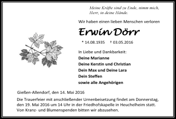 Traueranzeige von Erwin Dörr von Gießener Allgemeine, Alsfelder Allgemeine