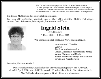 Traueranzeige von Ingrid Stein von Wetterauer Zeitung, Wetterauer Zeitung