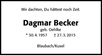 Traueranzeige von Dagmar Becker von Licher Wochenblatt, Licher Wochenblatt, Licher Wochenblatt