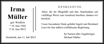 Traueranzeige von Irma  Müller von Wetterauer Zeitung, Wetterauer Zeitung