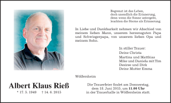 Traueranzeige von Albert Klaus Rieß von Wetterauer Zeitung, Wetterauer Zeitung