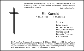 Traueranzeige von Els Kunold von Gießener Allgemeine, Alsfelder Allgemeine