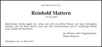 Traueranzeige von Reinhold Mattern von Gießener Allgemeine, Alsfelder Allgemeine