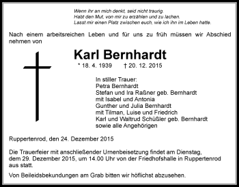 Traueranzeige von Karl Bernhardt von Gießener Allgemeine, Alsfelder Allgemeine