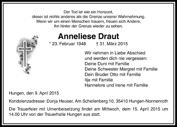 Traueranzeige von Anneliese Draut von Gießener Allgemeine, Alsfelder Allgemeine