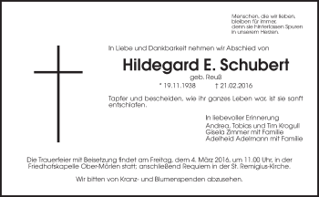 Traueranzeige von Hildegard E. Schubert von Wetterauer Zeitung, Wetterauer Zeitung