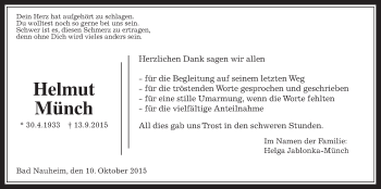 Traueranzeige von Helmut Münch von Wetterauer Zeitung, Wetterauer Zeitung