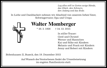 Traueranzeige von Walter Momberger von Alsfelder Allgemeine