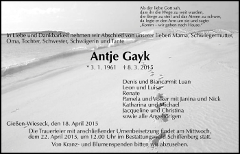 Traueranzeige von Antje Gayk von Gießener Allgemeine, Alsfelder Allgemeine