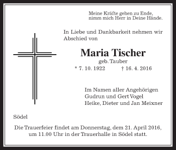 Traueranzeige von Maria Tischer von Wetterauer Zeitung, Wetterauer Zeitung