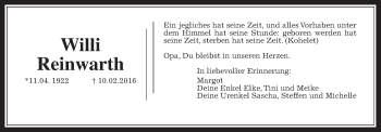 Traueranzeige von Willi Reinwarth von Wetterauer Zeitung, Wetterauer Zeitung