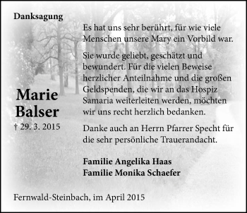 Traueranzeige von Marie Balser von Licher Wochenblatt, Licher Wochenblatt, Licher Wochenblatt