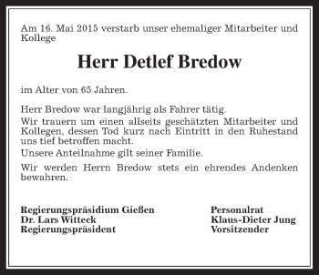 Traueranzeige von Detlef Bredow von Gießener Allgemeine, Alsfelder Allgemeine