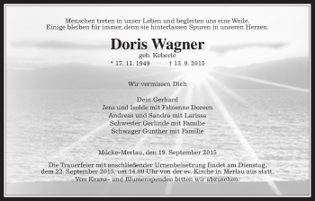 Traueranzeige von Doris Wagner von Gießener Allgemeine, Alsfelder Allgemeine