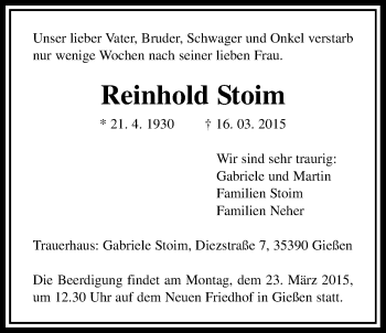Traueranzeige von Reinhold Stoim von Gießener Allgemeine, Alsfelder Allgemeine